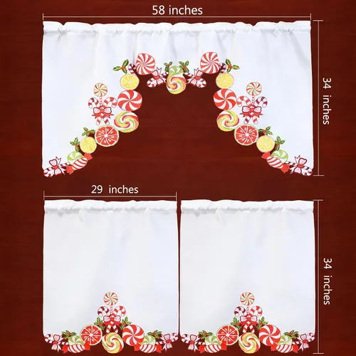 Miniatura 5 de Juego de cortinas bordadas de bastón de caramelo para ventana de cocina con cenefa y niveles para las fiestas navideñas (Bastón de caramelo)