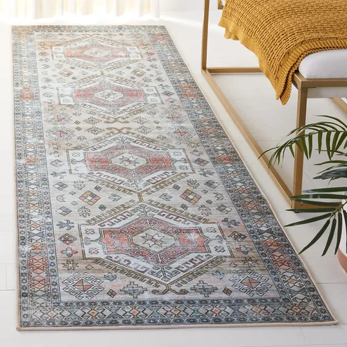 SAFAVIEH Tucson Collection - Alfombra lavable de 2 pies 6 pies x 8 pies, beige y verde, antideslizante y fácil de limpiar, ideal para pasillo,