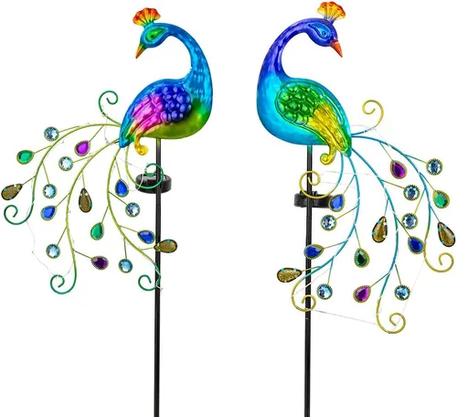 Miniatura 12 de DREAMSOUL Estacas de luz solar de jardín de pavo real de metal al aire libre decorativas - Luz de camino LED solar impermeable de pavo real