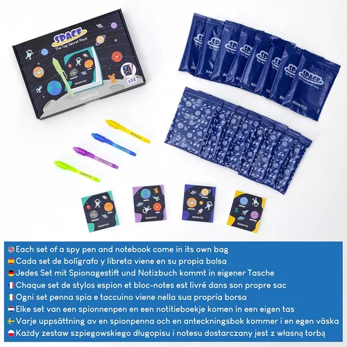 Miniatura 6 de BONNYCO Paquete de bolígrafo y cuaderno de tinta invisible, 16 recuerdos de fiesta espacial. Recuerdos de fiesta temática espacial para niños