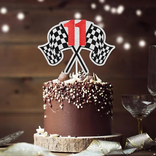 Miniatura 6 de Decoración para pastel de carreras de cumpleaños número 11, bandera a cuadros, rápido, decoración de automóvil, fiesta de cumpleaños de corredor
