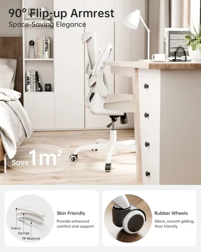 Miniatura 3 de MUXX.STIL Silla de oficina, silla de escritorio ergonómica de piel sintética con soporte lumbar ajustable y reposabrazos abatible, silla de Crema