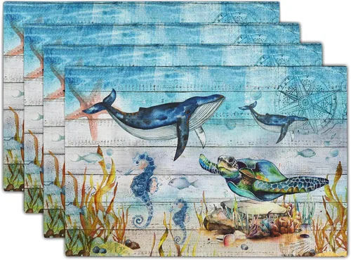 Giwawa Sea Life - Juego de 4 manteles individuales - Tortuga marina, caballito de mar, ballena, animales del océano - Manteles individuales de