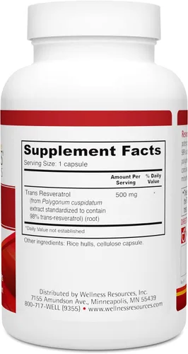 Miniatura 4 de Wellness Resources Resveratrol Ultra 500 - Alta Potencia 98% Trans-Resveratrol 500mg por cápsula (90 cápsulas) - Suplemento de resveratrol bioactivo