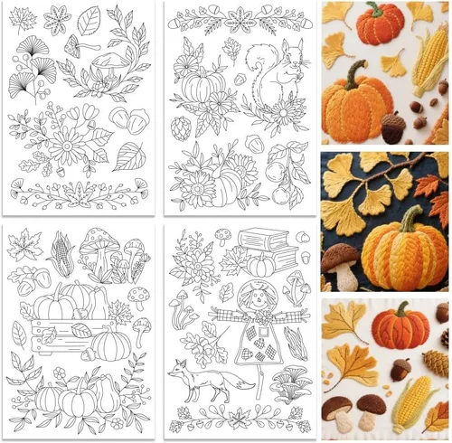 ORIGACH 4 Hojas Grandes de Estabilizadores de Bordado Solubles en Agua de Otoño, Papel de Bordado de Hojas de Calabaza y Setas para Costura a Mano,