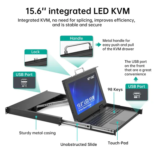 Miniatura 4 de MT-VIKI Consola KVM HDMI de 8 puertos, consola KVM de montaje en rack 1U con monitor LCD de 15.6 pulgadas, panel táctil integrado de profundidad
