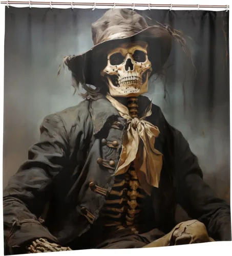 Miniatura 7 de YLATY3387 - Cortina de ducha de traje negro con calavera para baño, divertido juego de cortina de ducha de esqueleto hippie bohemio, tela de pintura
