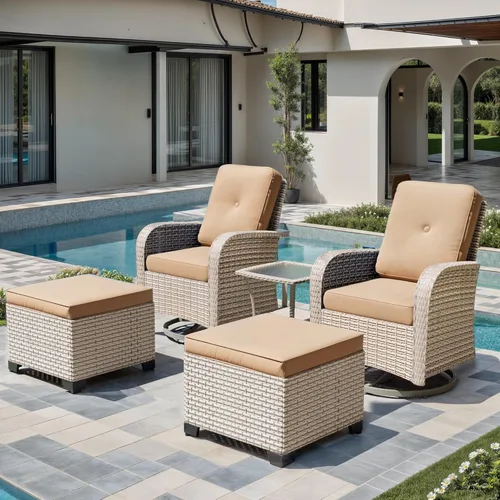 Miniatura 9 de Juego de muebles de patio de 3 piezas, sillas mecedoras giratorias para exteriores con mesa auxiliar de ratán, juegos de mimbre para patio