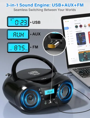 Miniatura 7 de Greadio Boombox Reproductor de CD portátil para el hogar con Bluetooth, Combo de Reproductor de CD Boom Box y Radio FM, Sonido Estéreo, Alimentado