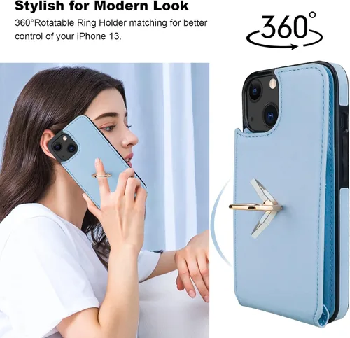 Miniatura 3 de Folosu Funda Compatible con iPhone 13 Cartera con Soporte para Tarjetas, Soporte de Anillo de Dedo con Rotación de 360° y Función Atril Protectora