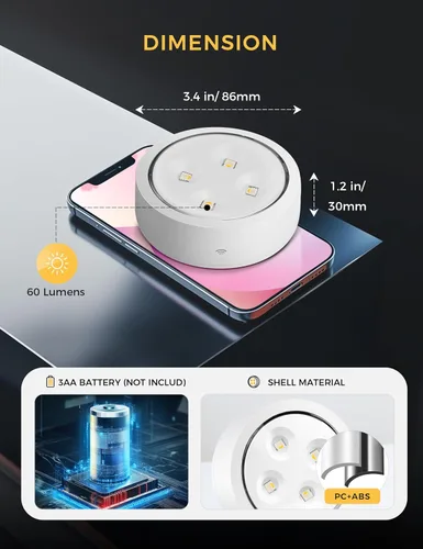 Miniatura 3 de Luces de disco con control remoto debajo del gabinete, luces de empuje que funcionan con pilas, mini luces LED sobre el gabinete, paquete de 2