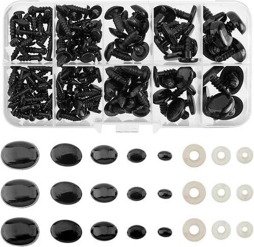 SUPERFINDINGS 250 piezas de seguridad para ojos y narices con arandelas, 5 tamaños de 6/8/11/14/0.669 in, ojos ovalados de plástico y nariz para