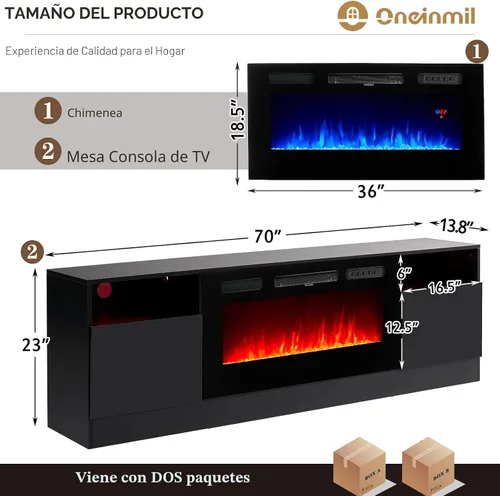 Miniatura 8 de oneinmil Soporte de TV con chimenea eléctrica de 36 pulgadas, centro de entretenimiento con luz LED, soporte de entretenimiento con textura