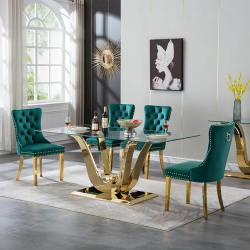 Miniatura 22 de Mesa de comedor moderna de vidrio de 70 pulgadas para 6-8, mesa de comedor de cristal dorado de lujo con base de acero inoxidable en forma de flores