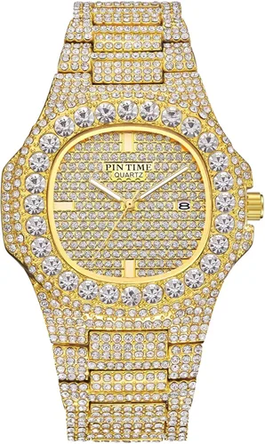 Miniatura 31 de Gosasa Reloj de pulsera unisex de cristal para hombre y mujer, reloj cubano con brillo completo, oblongo de plata/oro, reloj de pulsera de acero