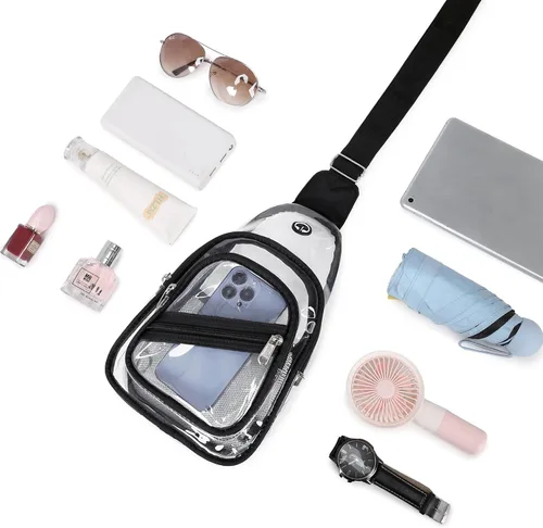 Miniatura 6 de Bolsa transparente para eventos en estadios, mochila transparente para mujer, impermeable, de PVC, cangurera cruzada para conciertos Negro