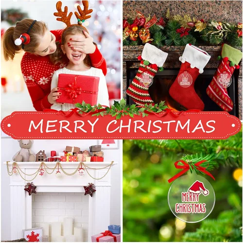 Miniatura 3 de Blulu 42 piezas de adornos acrílicos en blanco, adornos redondos transparentes, guirnalda plana de Navidad, adorno colgante con agujero y cinta