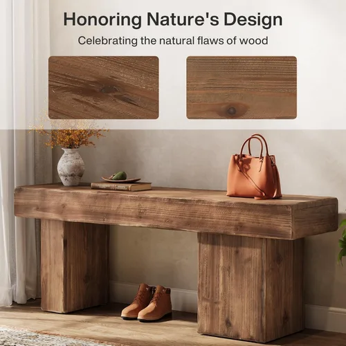 Miniatura 7 de Banco de madera maciza gruesa, banco de entrada rústico de 47 pulgadas con patas artísticas, banco de comedor resistente para cocina, sala de estar