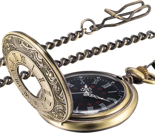 Miniatura 8 de Reloj de bolsillo vintage de acero para hombre con cadena, Negro