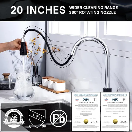 Miniatura 3 de WEWE Grifo de Fregadero de Cocina, Grifo de Cocina Extraíble, Grifo de Cocina Negro y Cromado con Rociador de Acero Inoxidable de Una Sola Manija