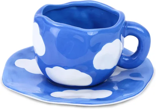 Miniatura 15 de Taza de cerámica Noviko Cloud con platillo, taza de té en forma de nube para niñas y mamá, 11 oz Cielo azul y nubes blancas