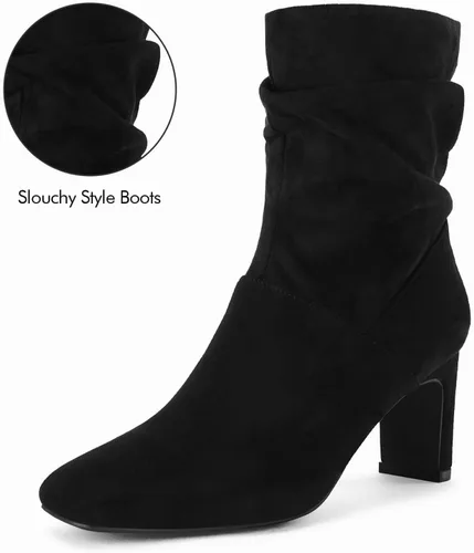 Miniatura 4 de Coutgo Botas de media pantorrilla para mujer, tacón grueso, punta cuadrada, con cremallera, botines de moda de otoño