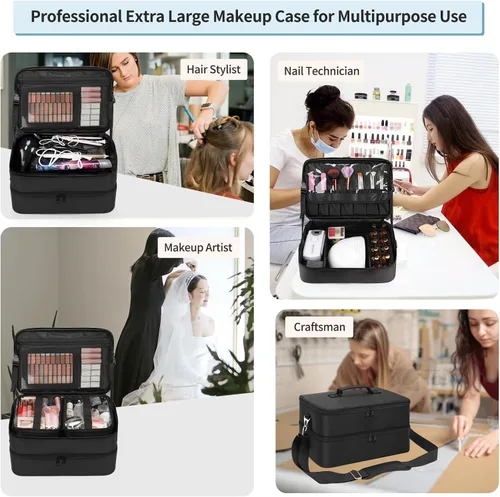 Miniatura 8 de Estuche de maquillaje extra grande, bolsa de viaje para artistas de maquillaje profesional, doble capa, ligera, XL, estuche organizador de viaje