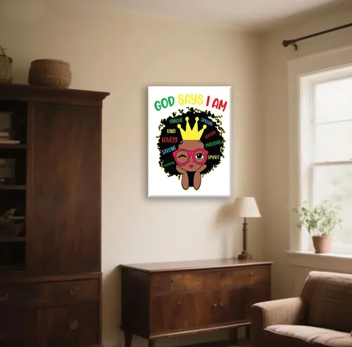 Miniatura 6 de Redland Art Decoración de Pared Motivacional para Niñas Negras en Lienzo Enmarcado Arte Cristiano Inspirador “Dios Dice Que Soy Yo” 29x37 cm