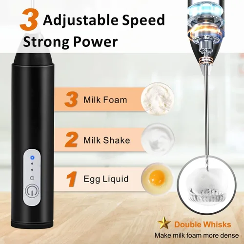 Miniatura 2 de Espumador de leche recargable, mezclador de bebidas de mano, máquina de espuma eléctrica para café con batidor de acero inoxidable y 3 velocidades
