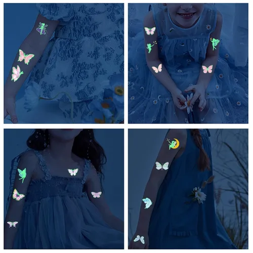 Miniatura 3 de 10 hojas de tatuajes temporales de mariposa que brillan en la oscuridad para niños, diseño de hadas, caricaturas, fluorescentes, para fiestas
