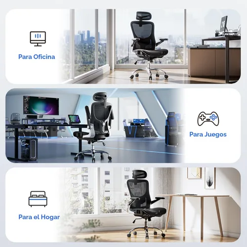 Miniatura 16 de marrap Silla de oficina ergonómica, cojín de asiento de malla con reposabrazos 3D y reposacabezas 3D, soporte lumbar ajustable con función de Negro
