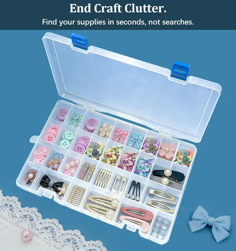 Miniatura 3 de Qualsen Paquete de 3 cajas organizadoras de plástico de 34 rejillas con divisores ajustables, caja de aparejos de pesca y caja organizadora