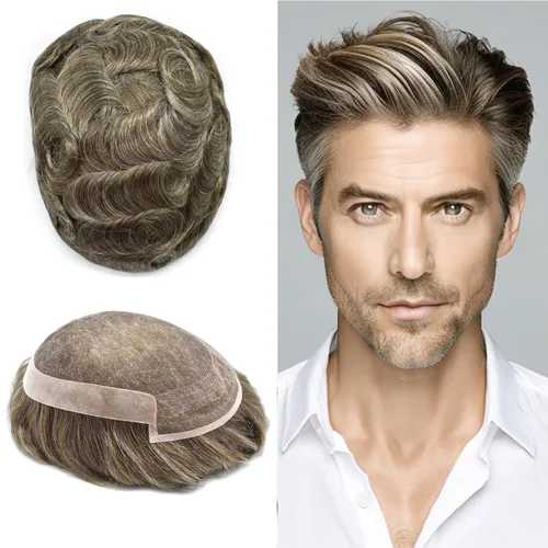 Miniatura 37 de Toupee Hair System For Men Real Human Hair Swiss Lace Mens Toupee Men Hair Replacement System Natural Hairline Mens Hairpieces 6X8"-80% light