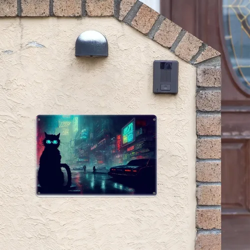 Miniatura 2 de AMOGHASIDDHI Cartel de metal con diseño de gato Cyberpunk de aluminio, póster de metal vintage de 8 x 12 pulgadas, letrero de pintura