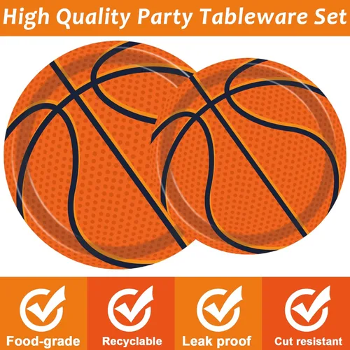 Miniatura 4 de Juego de vajilla de baloncesto de 96 piezas, platos desechables para fiestas deportivas, servilletas, tenedores, decoraciones de fiesta