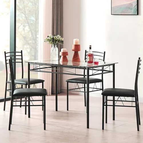 Miniatura 3 de VECELO juego de mesa de comedor de cocina y sillas para 4, asiento acolchado y tablero para vasos, ahorro de espacio, negro mate