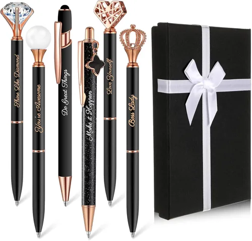 Qeeenar 6 bolígrafos elegantes para mujer, bolígrafo de diamantes de cristal para diario, bonito bolígrafo con purpurina con caja, regalos Negro