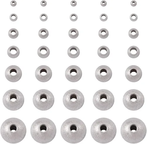 Miniatura 13 de 500 cuentas redondas de acero inoxidable 304, 7 estilos, acero metálico, cuentas espaciadoras lisas de 0.079 in, 0.118 in, 0.157 in, 0.197 in, 0.236