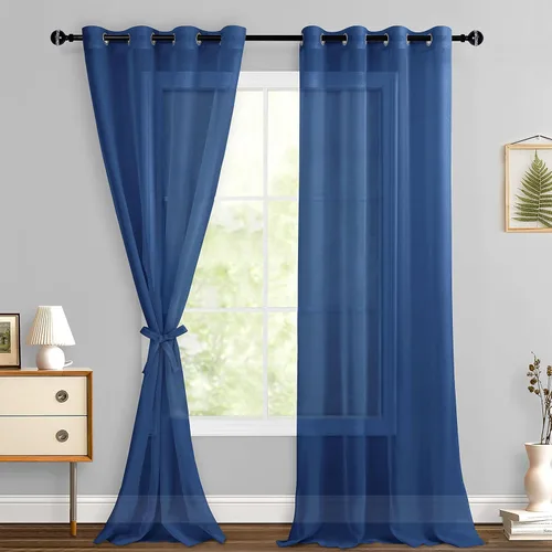 Miniatura 20 de Hiasan - Cortinas traslúcidas de gasa cortas semitransparentes con ojales y alzapaños filtrantes de luz para ventana, dormitorio, baño, 2 paneles