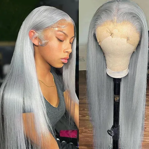 Miniatura 21 de Lovestory Peluca de encaje frontal larga y recta color blanco platino, predepilada, rubio platino, pelucas de encaje frontal sintético para mujeres