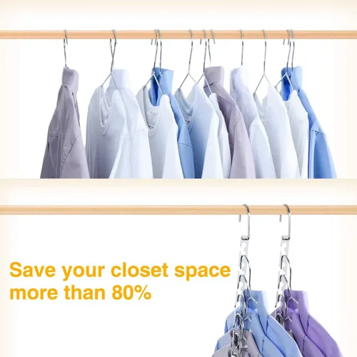 Miniatura 4 de HOUSE DAY Paquete de 4 perchas que ahorran espacio para ropa, organizador de perchas resistentes, capacidad de 30 libras, colgador mágico de metal