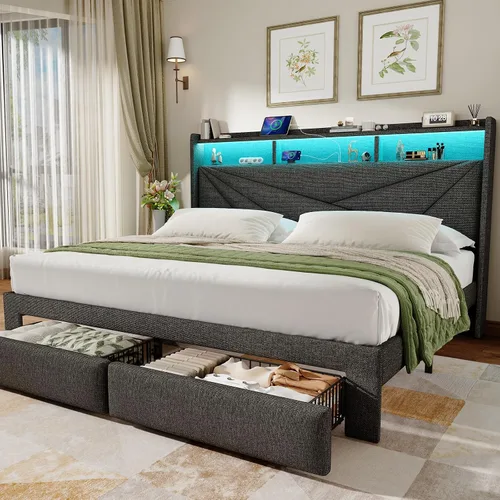Miniatura 11 de Driftalia Base de cama de tamaño completo con cabecera de almacenamiento de 2 niveles, base de cama de tamaño completo tapizada con 2 cajones