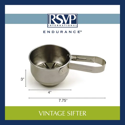 Miniatura 8 de RSVP International Endurance® - Tamiz vintage de acero inoxidable con una sola mano, 1 taza, para tartas superiores, tamizar harina, adobo