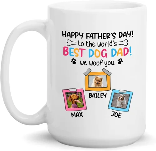 Taza de café blanca personalizada con foto, con texto en inglés «To The World's Best Dog Dad We Woof You», taza de café blanca de 11 onzas y 15