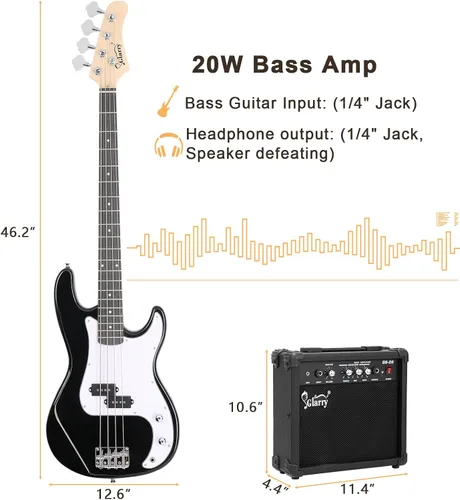 Miniatura 6 de GLARRY Kit para principiantes de bajo eléctrico de tamaño completo, 4 cuerdas, exquisito bajo de tilo con amplificador de 20 W, cable, correa, bolsa