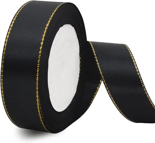TONIFUL Cinta de satén fina de 1 pulgada x 25 yardas con bordes dorados, cintas de tela de borde dorado para envolver regalos, boda, cumpleaños,