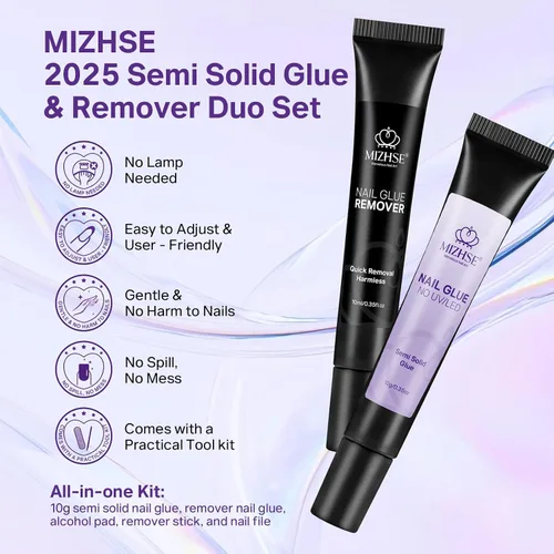 Miniatura 2 de MIZHSE Kit de pegamento de uñas semisólido de 0.35 oz y removedor de 0.3 fl oz para puntas de uñas a presión, secado rápido súper fuerte, sin
