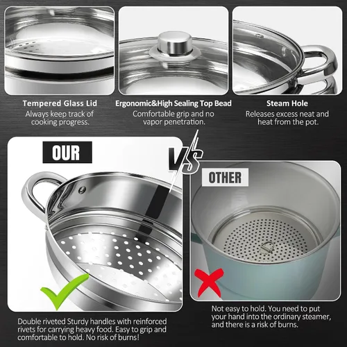Miniatura 4 de AuFranc® olla de 4 cuartos de acero inoxidable 18/10 de tres capas con tapa de vidrio templado y vaporera, olla a vapor multiusos compatible