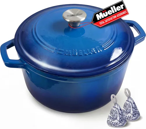 MÜELLERHOME Horno holandés de hierro fundido esmaltado, 6 cuartos de galón, resistente, cazuela con tapa y perilla de acero inoxidable, para todas