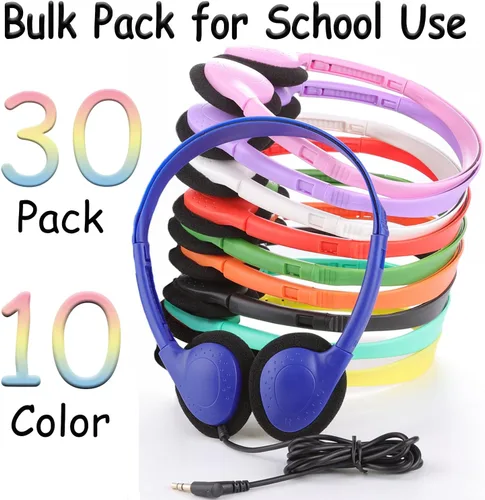 Miniatura 2 de Paquete de 30 auriculares para niños a granel para el aula escolar, auriculares con cable para niños, estudiantes, niños pequeños, adolescentes